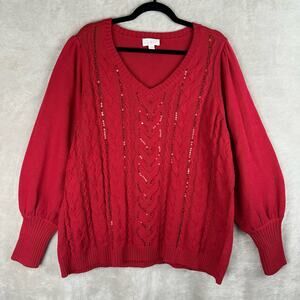 Belle By Kim Gravel Sweater Womens 1X Red Sequin Cable Knit Party Holiday Preppy